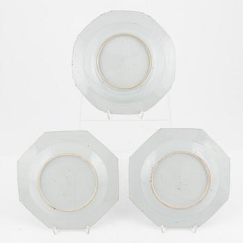 A group of three famille rose dinner plates, Qing dynasty, Qianlong (1736-95).