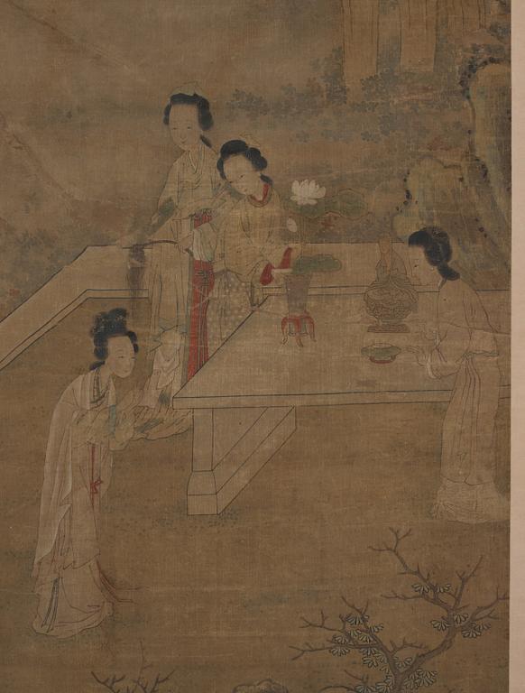 Gu Jianlong, In the manner of the artist, Elegant ladies of the court with antiques and precious objects in a garden.