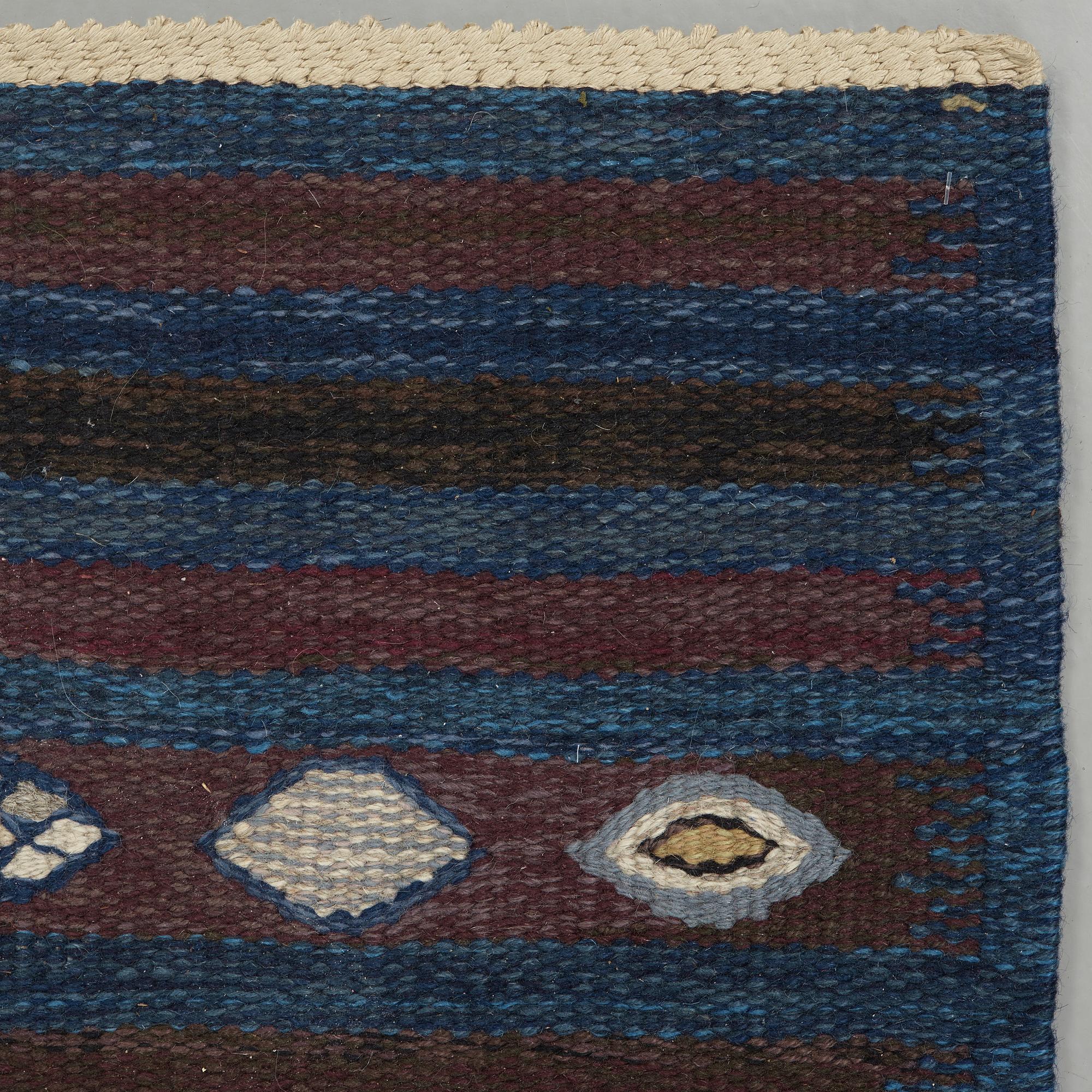 BARBRO NILSSON, carpets, 2 pieces, flat weave, 238,5 x 101 resp. 181,5 x 81 cm, "Blåbär, mörk", signed AB MMF BN.