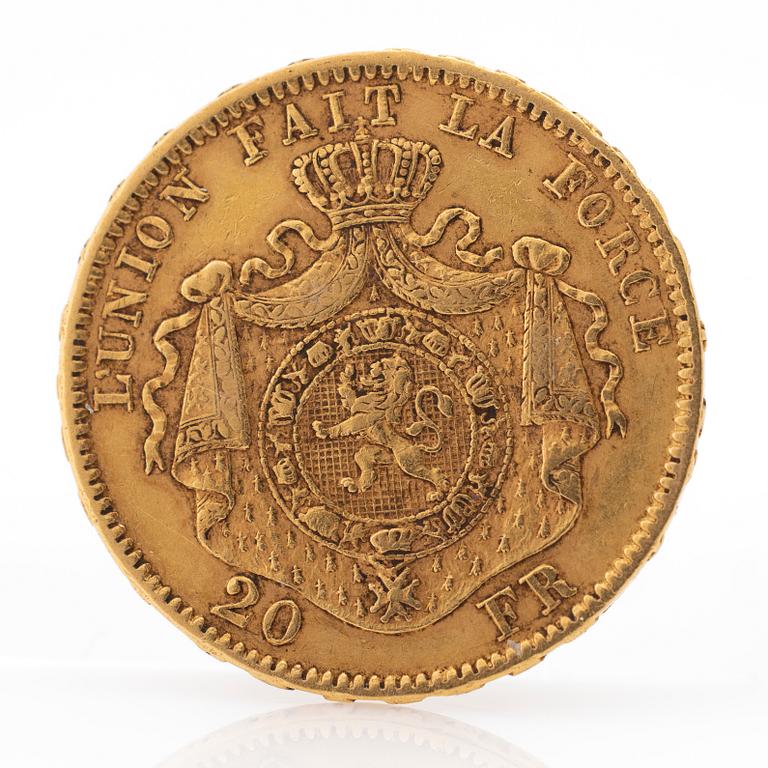 Gold coin, Belgium, Leopold II, 20 Franc, 1870.