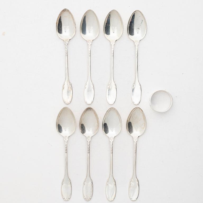 Table spoons, 8 pcs, and a napkin ring, silver, including WA Bolin, Stockholm.