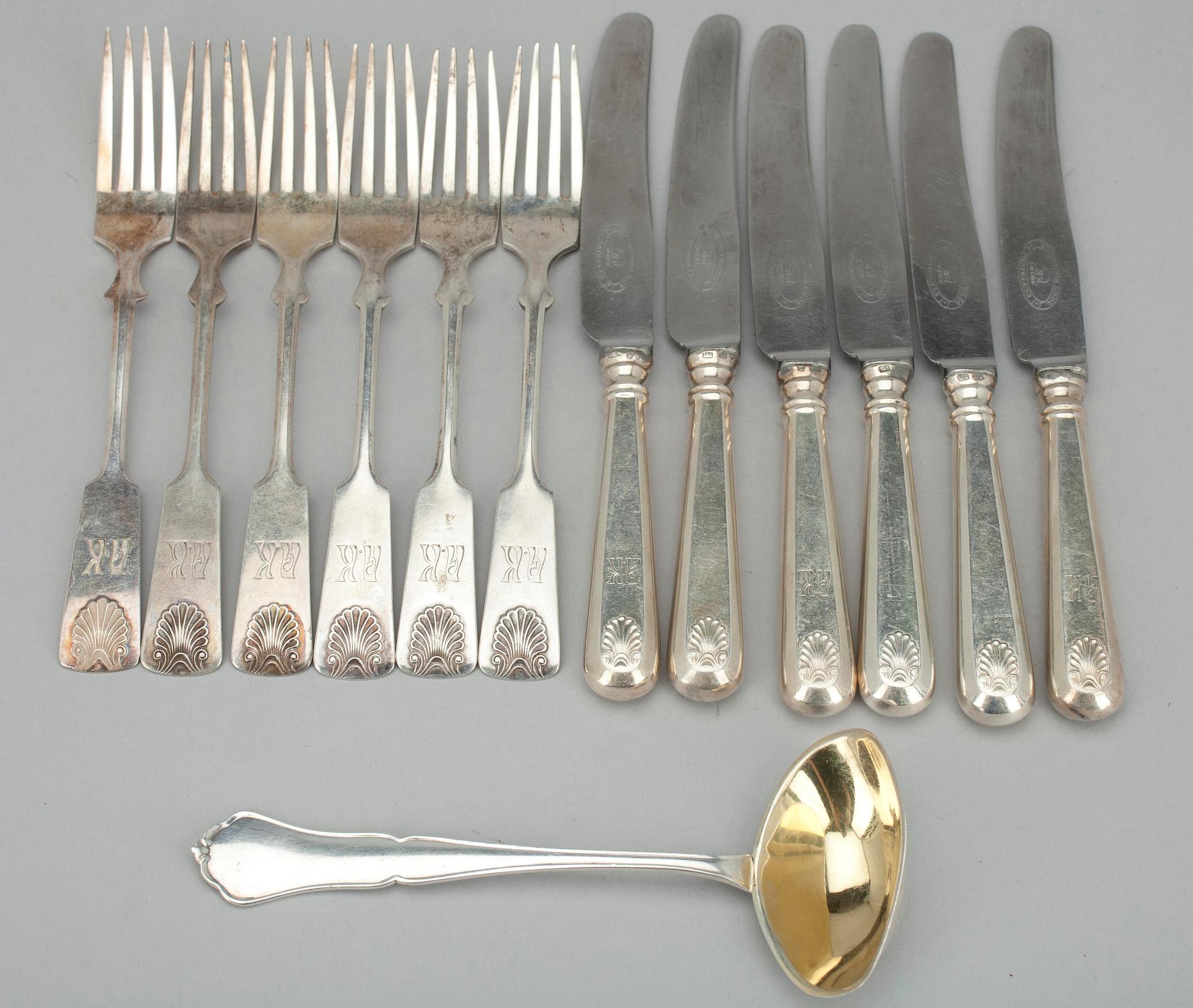 BESTICK, 13 delar, silver, "Musslan" ja "Chippendale", Tavastehus, Finland 1928 - 1976. Tot. vikt 580 g.