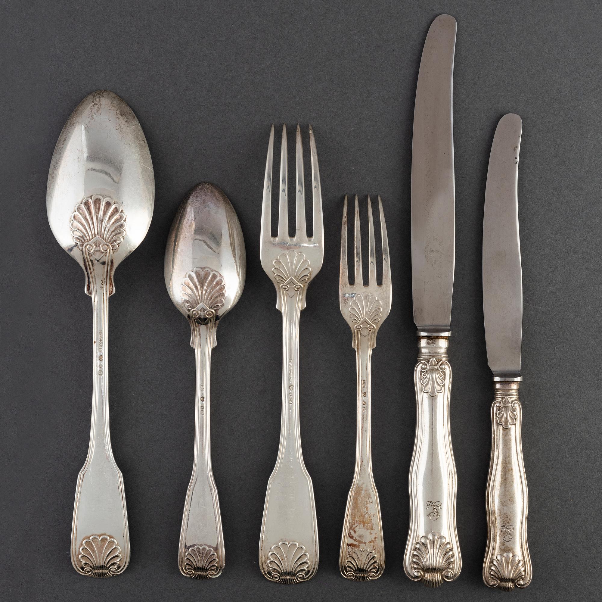 JE TORSK. 52 psc silver cutlery, 'Snäckan'. Stockholm, some 1899.