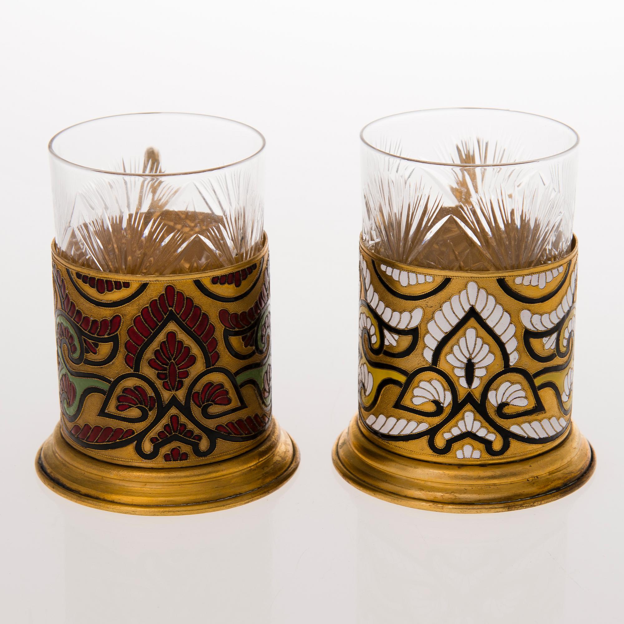 Six Russian tea glass holders, silver, metal and enamel, latter half of the 20th century.