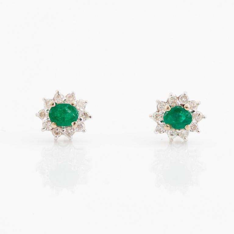 Emerald and brilliant cut diamond earrings.
