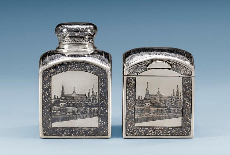 A SET OF RUSSIAN SILVER AND NIELLO TEA-CADDY AND SUGAR-BOX, makers mark of Pavel Ameriantiyev, Moscow 1899-1908.
