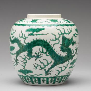 A green enamelled dragon jar, China, circa 1900.