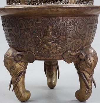 A large copper alloy incense burner, Tibet or Mongolia 19th Century.