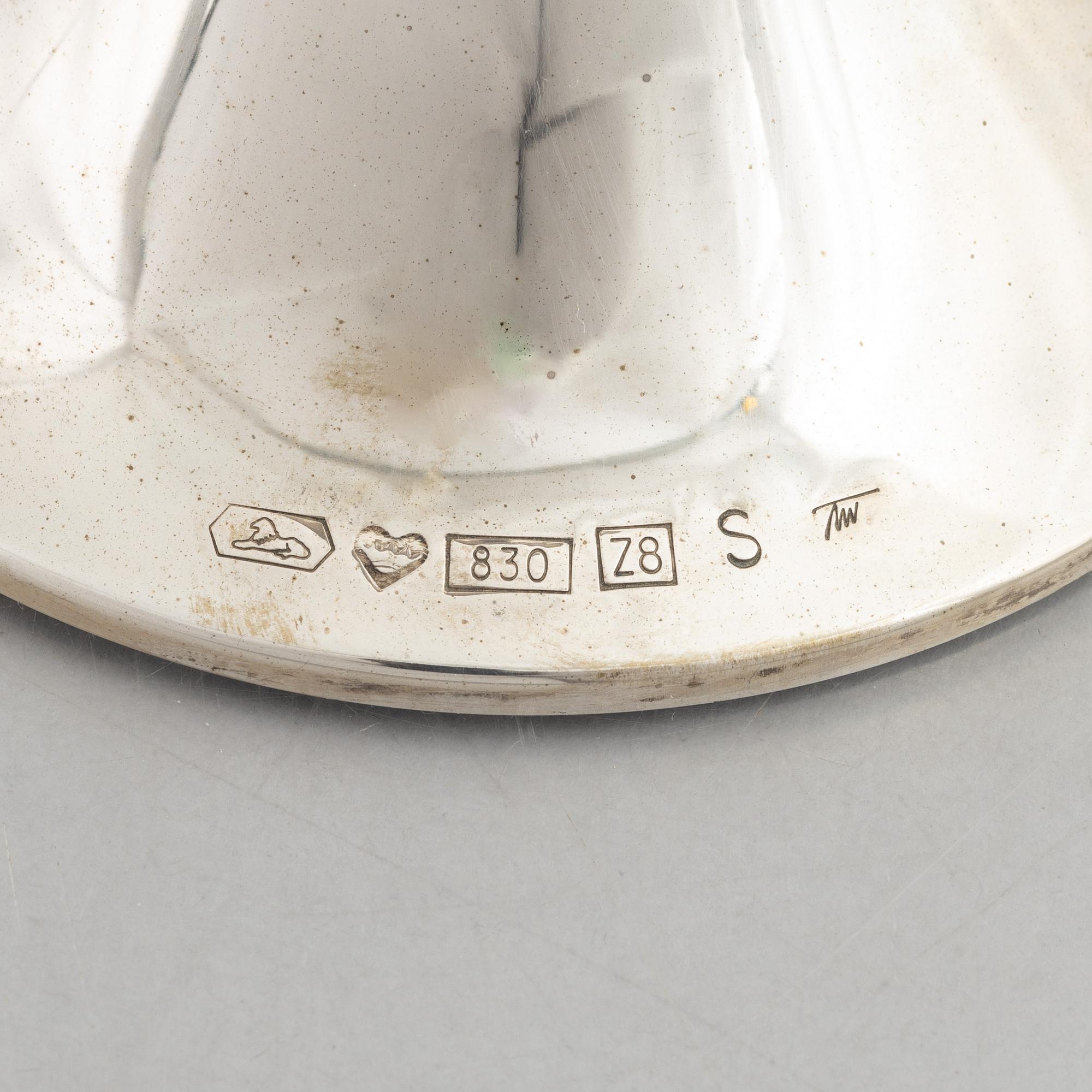 Two silver candlesticks, marks of Tapio Wirkkala, "Trumpetti", Kultakeskus, Tavastehus, Finland 2001.