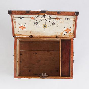 A painted provincial chest, Norbotten, Sweden, dated 1827.