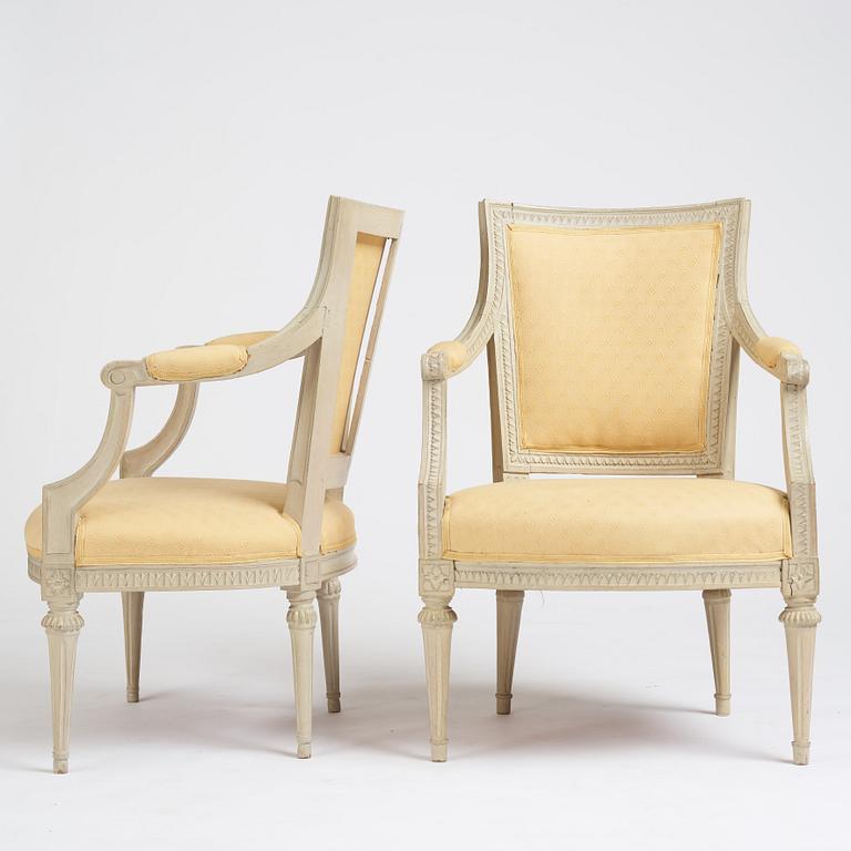 A matched pair of Gustavian armchairs, one signed by Johan Lindgren Stockholm.