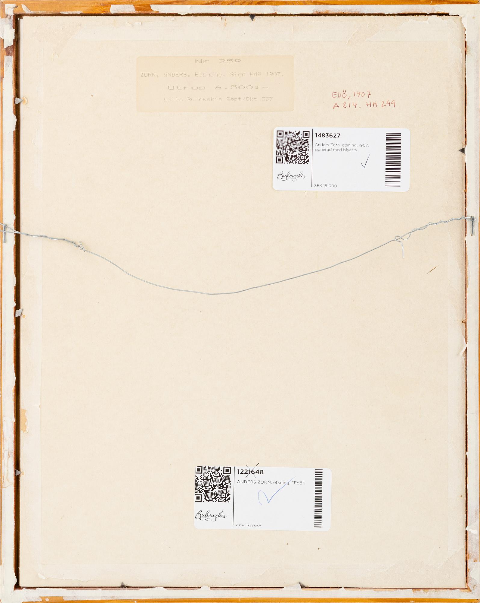 Anders Zorn, etsning, 1907, signerad med blyerts.