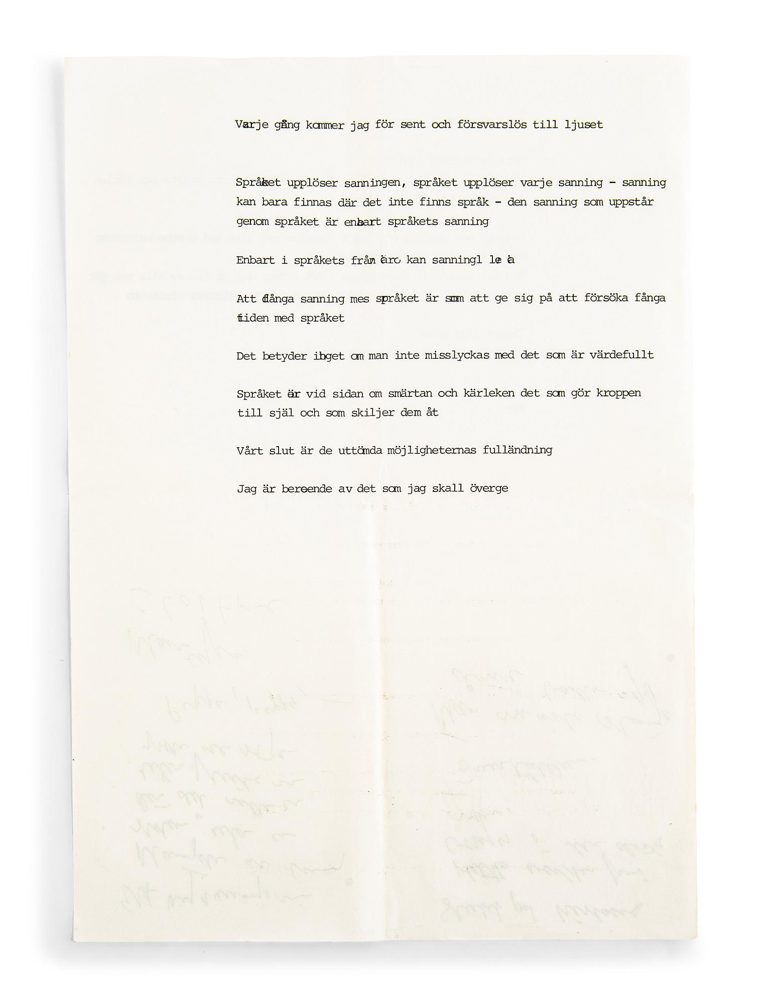 Lars Norén, typewritten and handwritten note.
