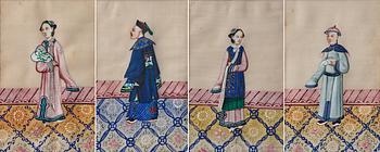 653. A set of four paintings of court attendants, Qing dynasty, 19th Century.