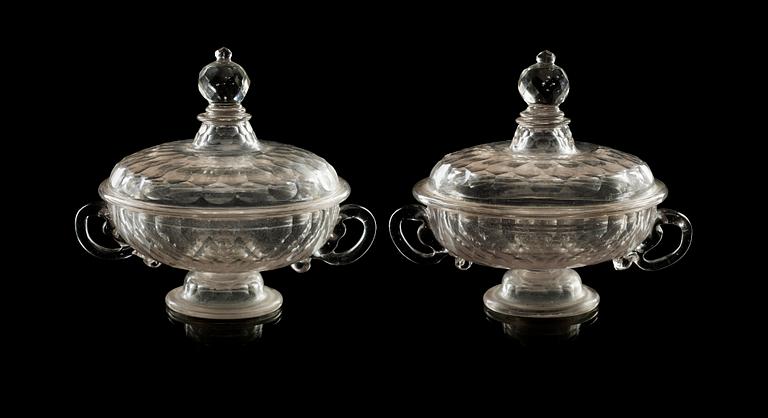 A pair of cut glas butter tureens with cover, 18th Century.