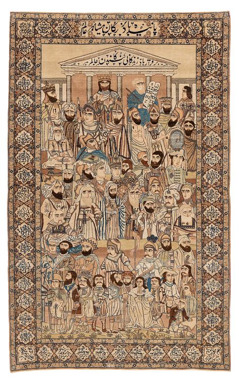 A Persian Kerman Laver 'Mashahir' (The rulers of the world) rug, c. 230 x 143 cm.