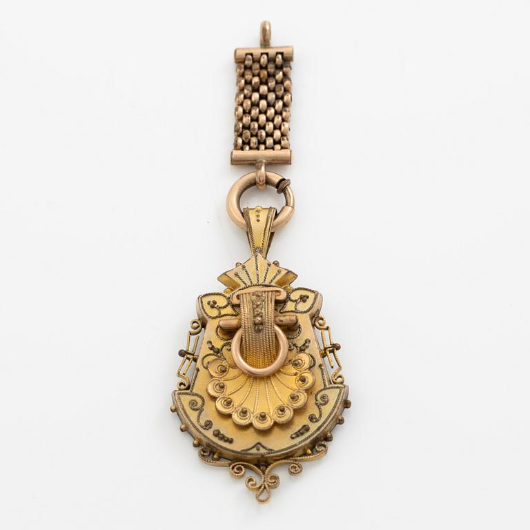 Bracelet and pendant/brooch, gilded possibly silver, with pearls 19th century.