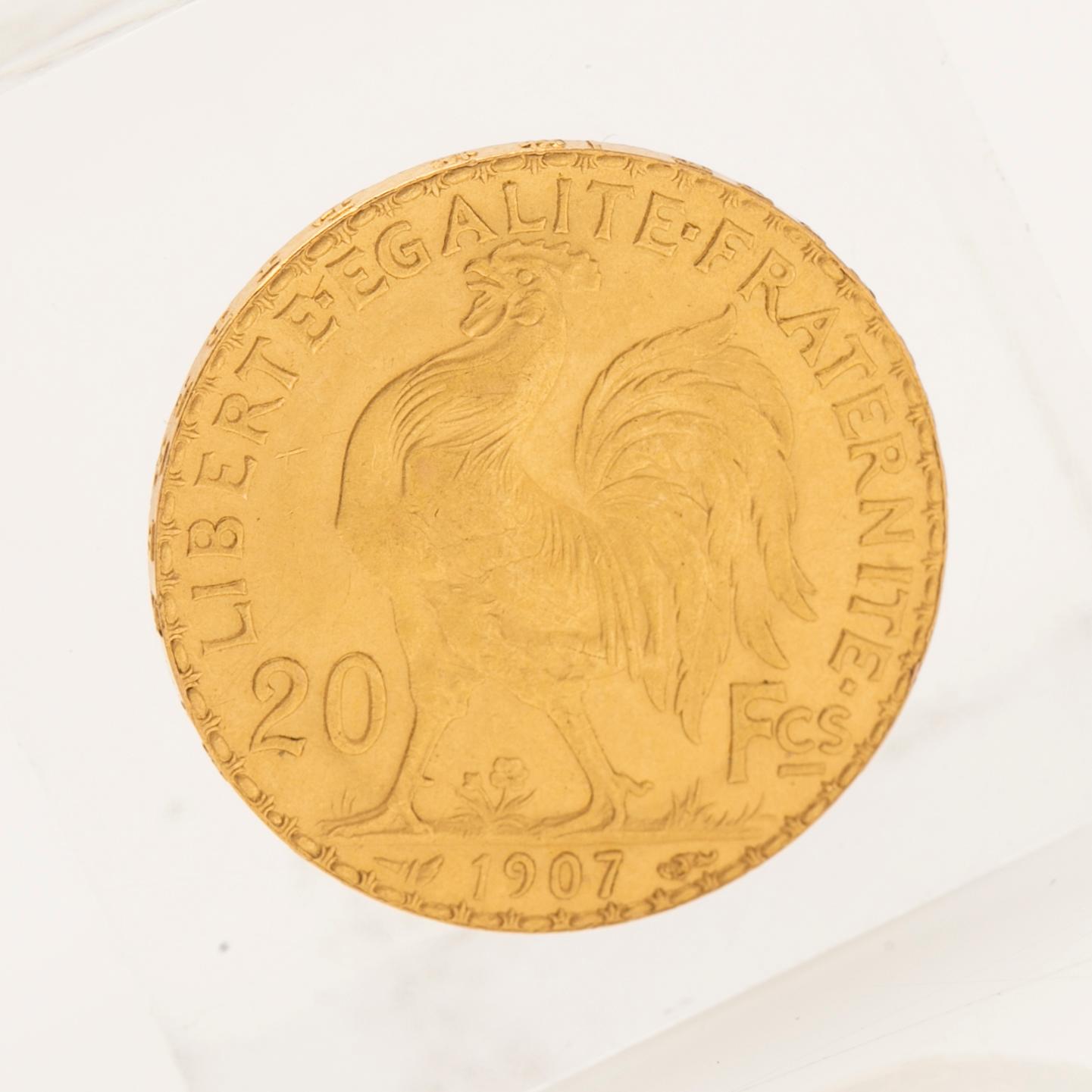 Gold coin, 21.6 carat, "Liberté Égalité Fraternité", 20 francs, France, 1907.