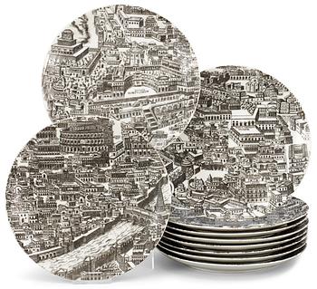 984. A set of 10 Piero Fornasetti "Roma" porcelain plates, Milano, Italy.