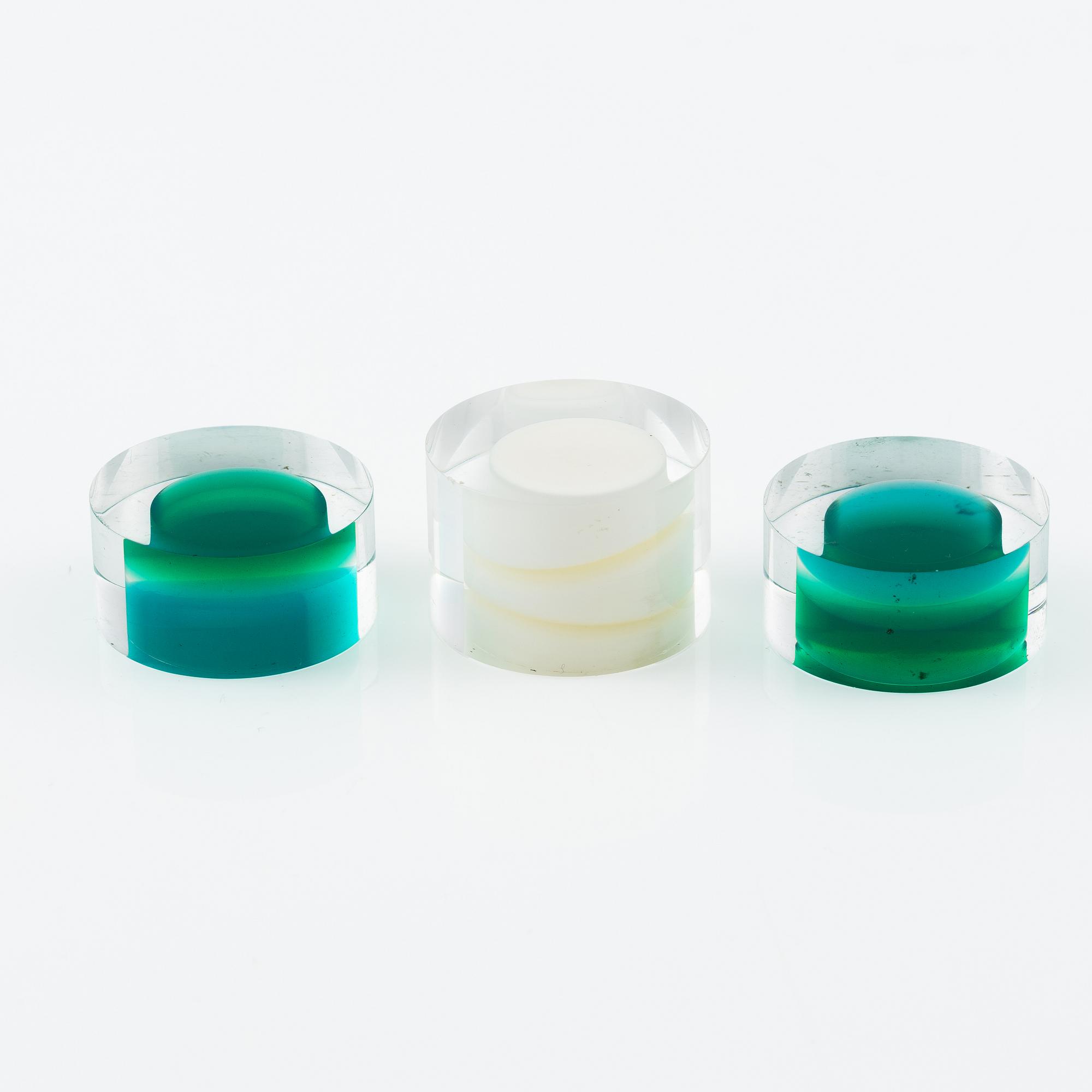Siv Lagerström, three rings, and three sculptures, acrylic plastic, 1970s.