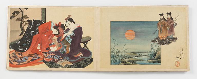 Konstnär från Utagawaskolan, Shunga album, Japan, sen Edo (1603 - 1868) eller Meiji (1868-1912). 14 målningar på siden.