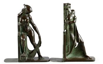 393. A pair of Axel Gute patinated bronze bookends, Herman Bergman, Sweden 1920's.