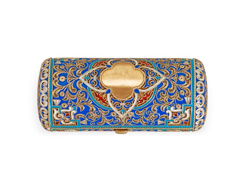 A Russian 19th century silver-gilt and enamel cigarette-case, makers mark of Ivan Chlebnikov, Moscow.