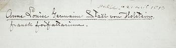 MADAME DE STAËL, GERMAINE NECKER(1766-1817), brev, sign o dat 1813.