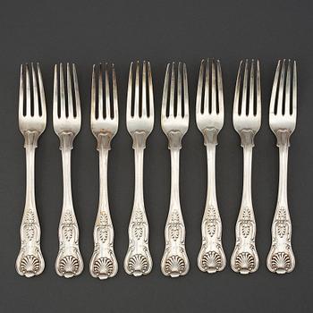 A set of 8 silver forks by Gustaf Möllenborg, Stockholm 1844.