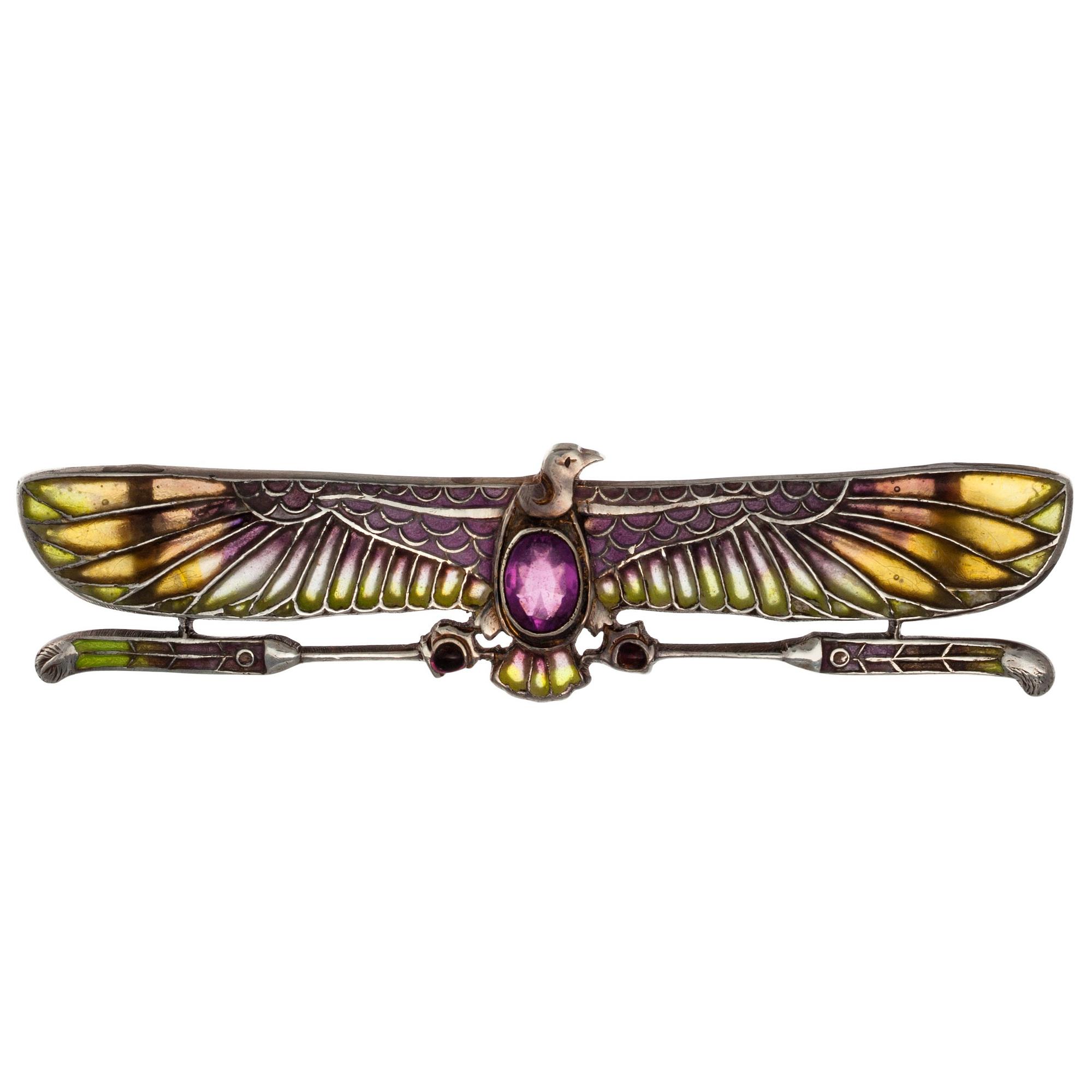 RINTANEULA, 900 hopeaa, plique à jour -emali, ametisti. Brocks & co USA 1930-luku. Leveys 63 mm.