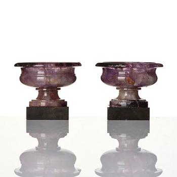 A pair of 'Blue John' feldspar salts, 19th century.