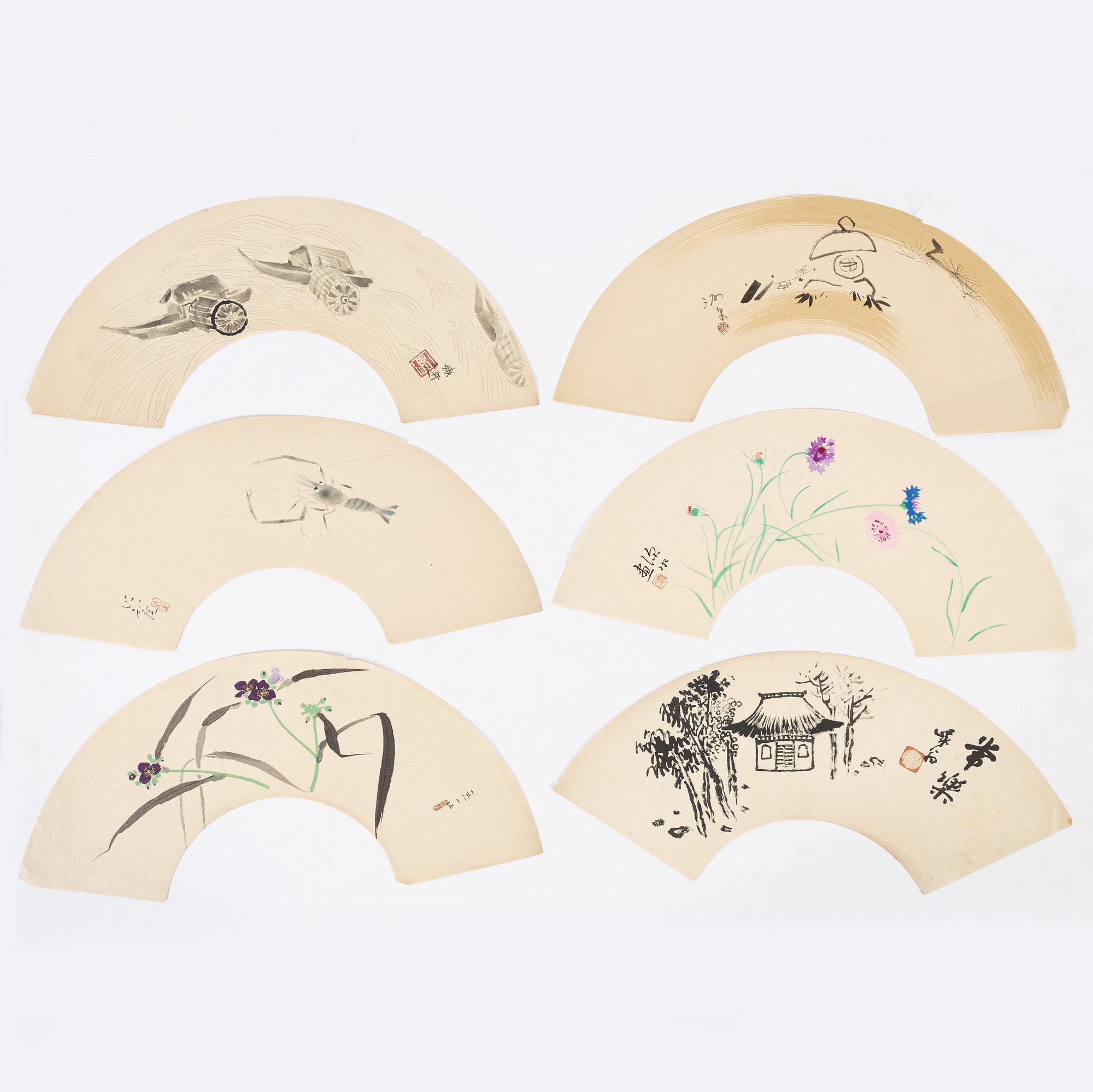 Olika konstnärer, färgträsnitt, sk "fan prints", 17 st, Japan, 1900-tal.