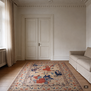 A Tabriz, figural rug, signed, c. 171 x 118 cm.