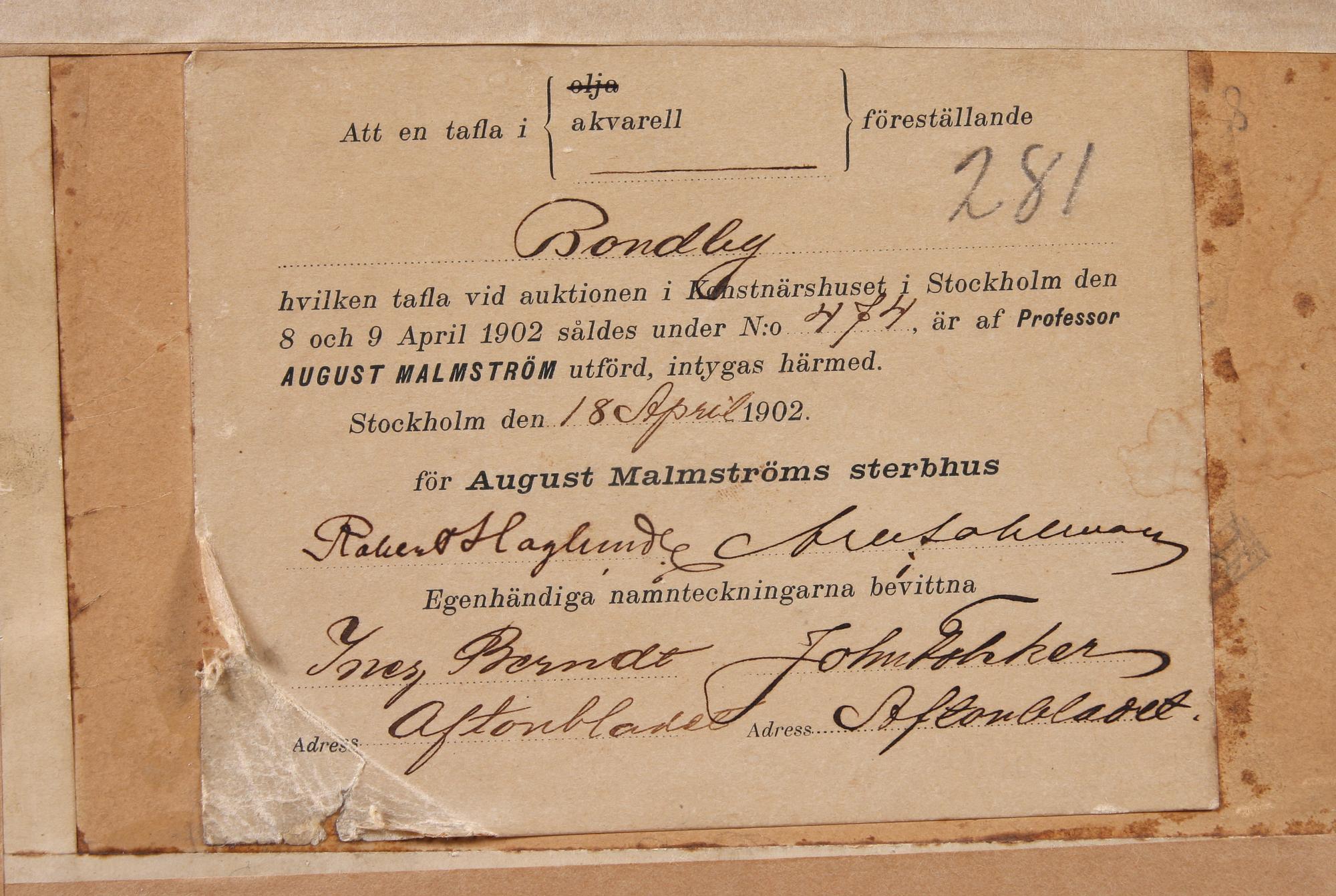 AUGUST MALMSTRÖM, akvarell, monogramsign.