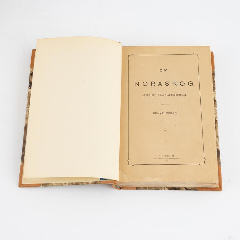 Nine books, 'Noraskogs Arkiv I-VI" Johan Joahnsson 1883-1929 and "Om Noraskog I-III', Johan Johansson, 1875-84.