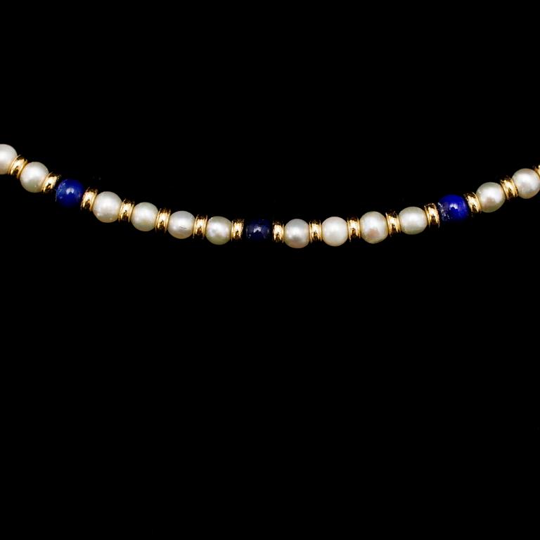 COLLIER, pärlor, lapis lazuli och 18 k guld.