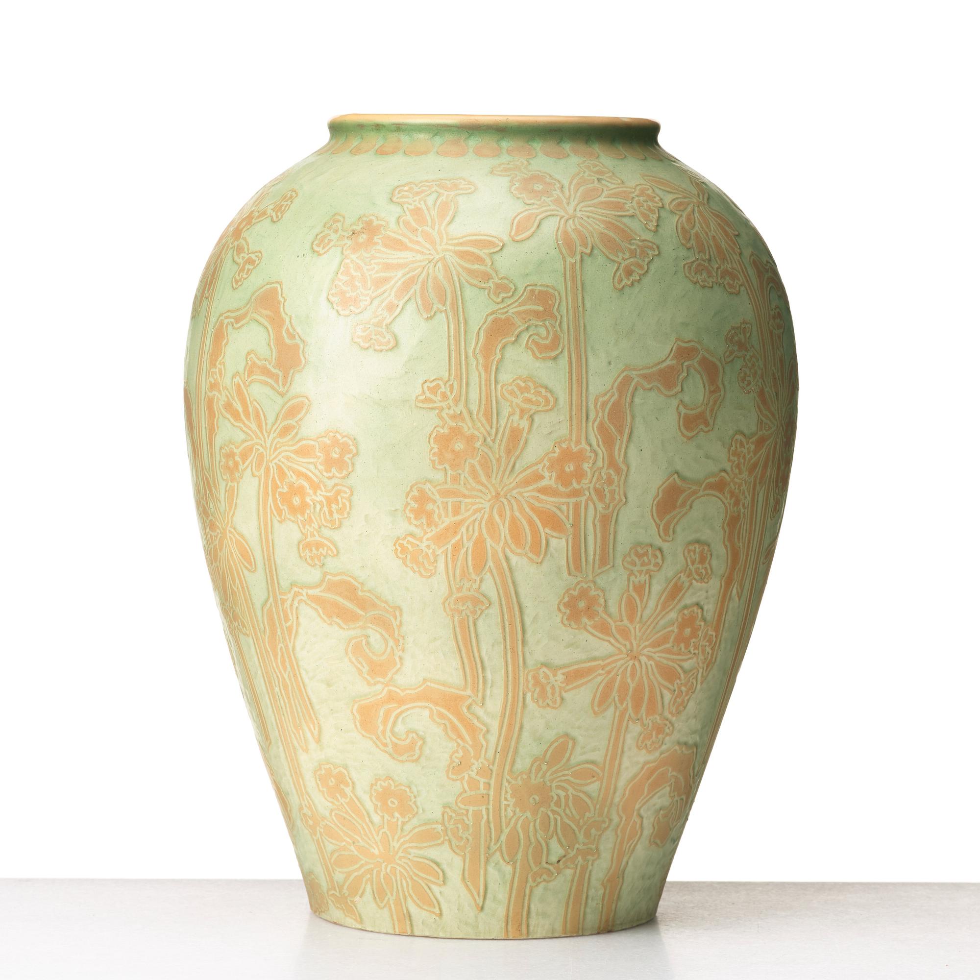 Gunnar Wennerberg, a rare creamware "sgraffito" floor vase, Gustafsberg, Sweden 1901.