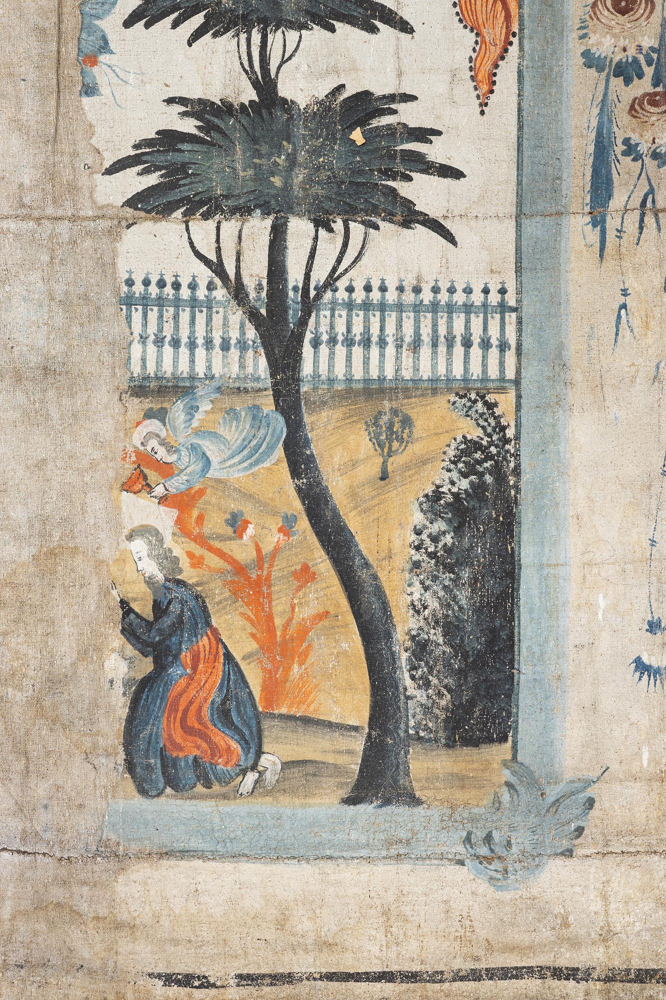 A nine-piece part folk art wall painting from Värmland, Sweden, late 18th century.