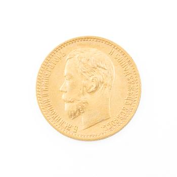 Gold coin, Nicholas II, Russia, 5 Rubles, 1899.