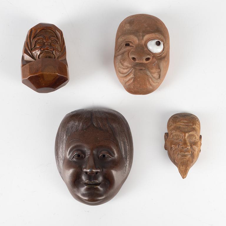 Figuriner / Netsuke, fyra stycken, olika material, Japan, 1800-/1900-tal.