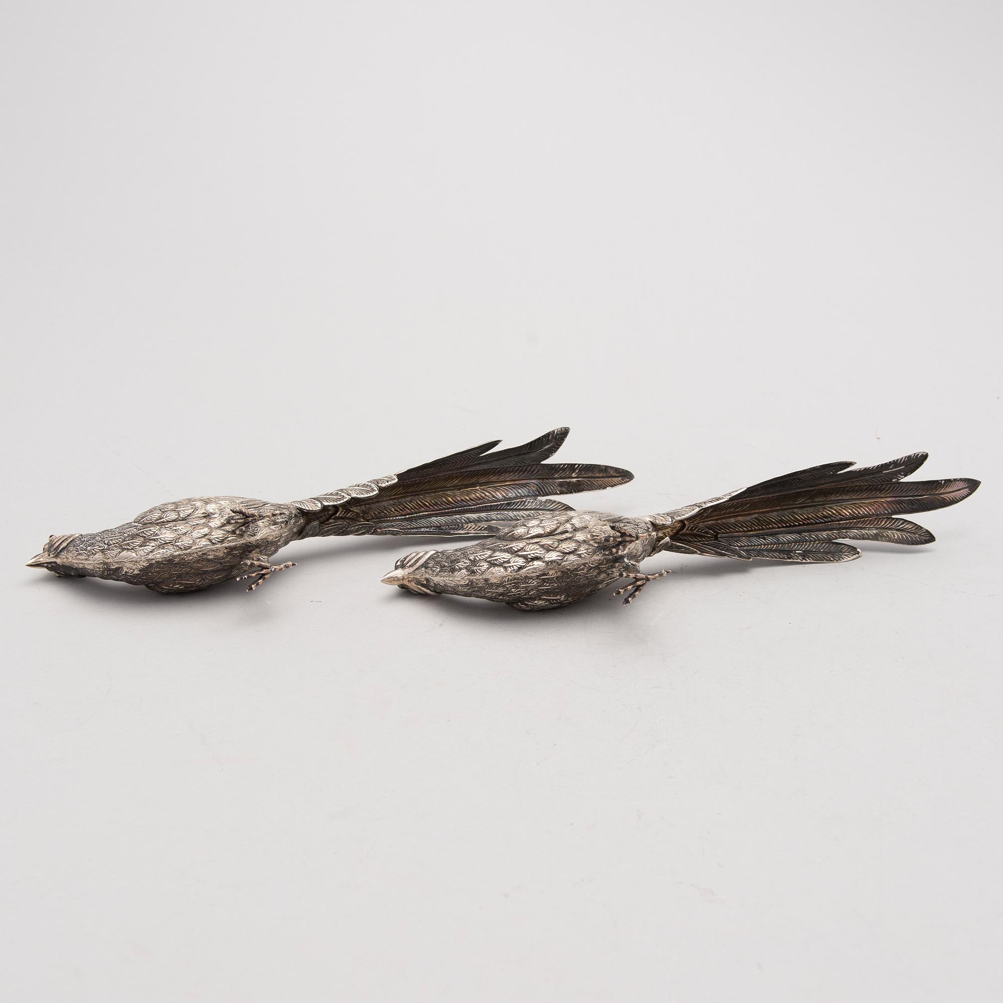 Two bird table decorations in silver, Spain after 1934.