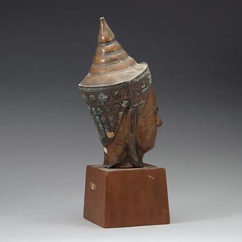 SKULPTURHUVUD, koppar legering. Thailand, Troligen 1700-tal, Ayutthuya.