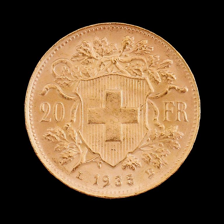 GULDMYNT, 20 fr, Schweiz 1935. Vikt ca 6 g.