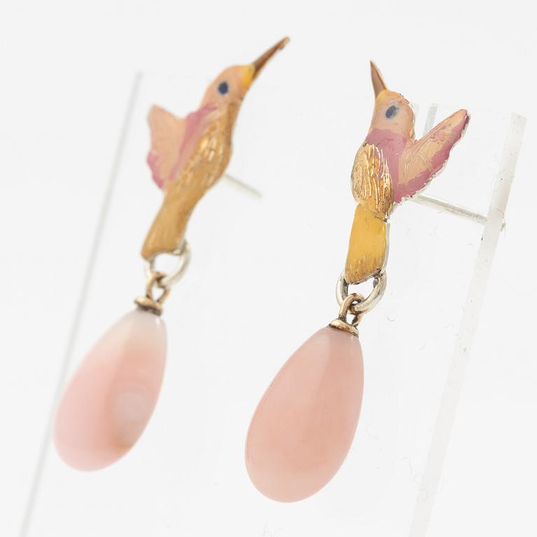 Earrings, silver, gold and enamel in the form of a hummingbird with pink opal, Mandelstam.