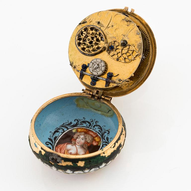 Abraham Cailliatte, a 17th century gold and enamel pocket watch, the case attributed to Pierre I Huaud.