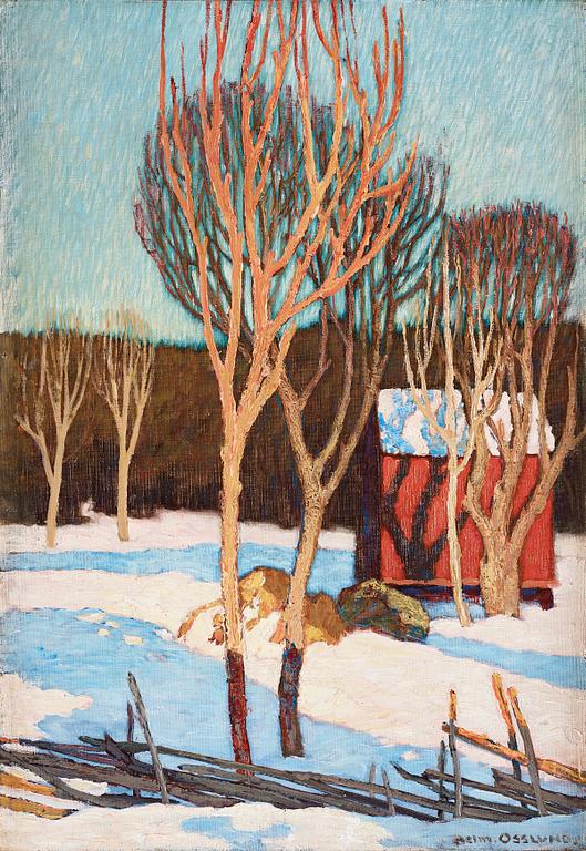 Helmer Osslund, Winter landscape with roundpole fence and red cabin.