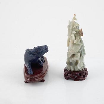 Three carved figurines and a bowl, China, 20th century.