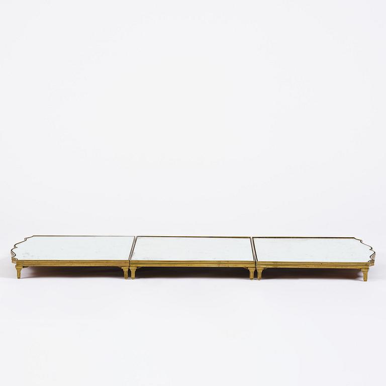 A Gustavian three-piece brass and glass surtout de table, Stockholm, later part 18th century.