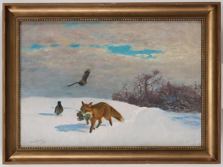 Bruno Liljefors, Winter landscape with fox and prey.