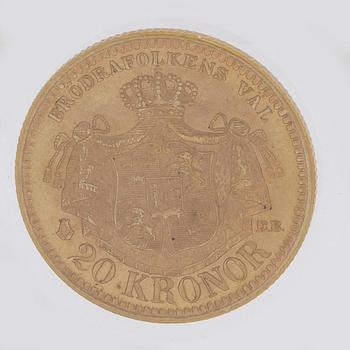 A gold coin, 20 swedish kronor, 1884, weight c 9 g.